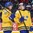 BUFFALO, NEW YORK - JANUARY 4: Sweden's Axel Fjallby Jonsson #22 and Isac Lundestrom #20 have words during semifinal round action against the U.S. at the 2018 IIHF World Junior Championship. (Photo by Matt Zambonin/HHOF-IIHF Images)

